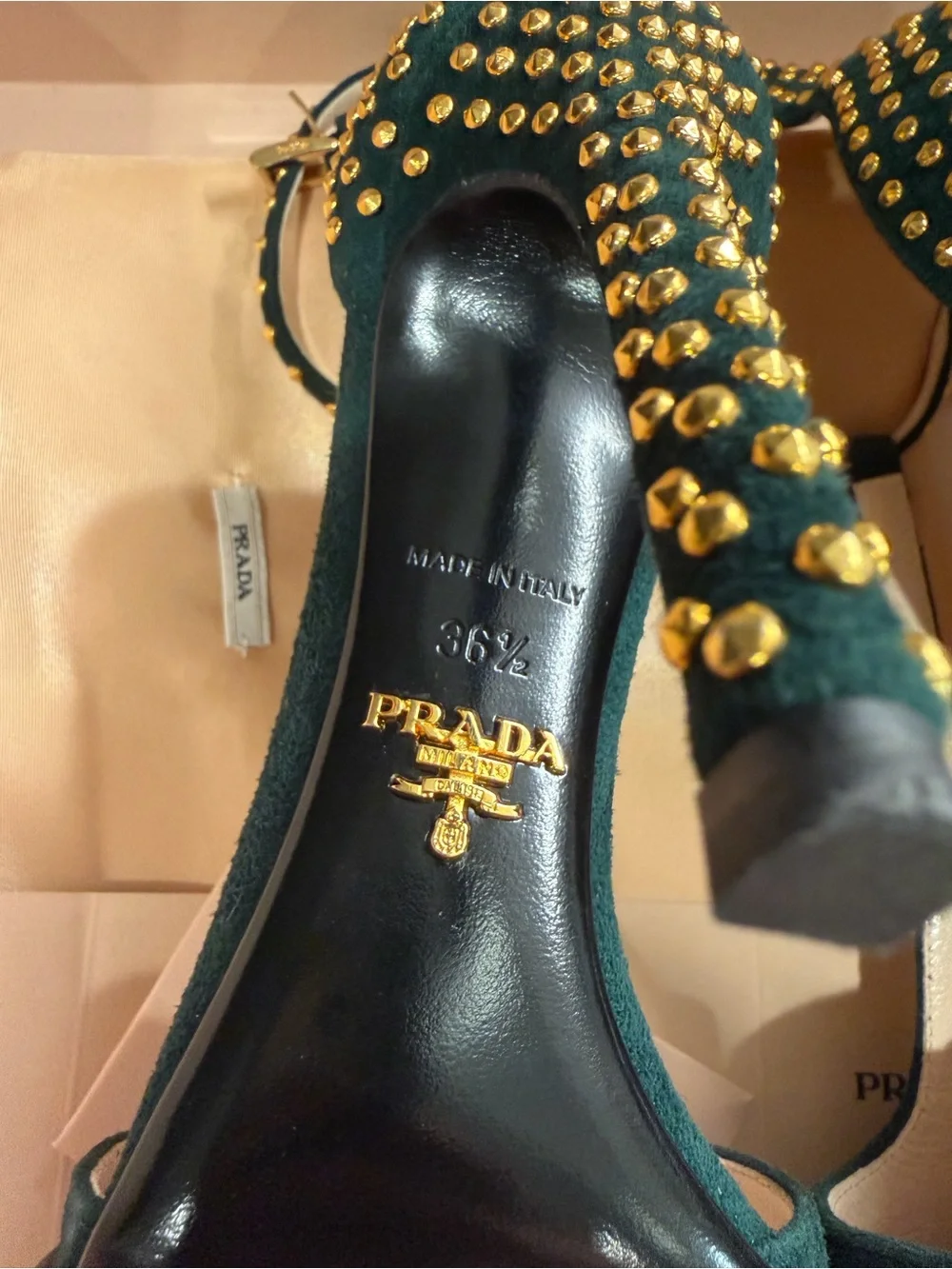 Prada Black Suede T-Strap Studded Ankle-Heel Sandals
